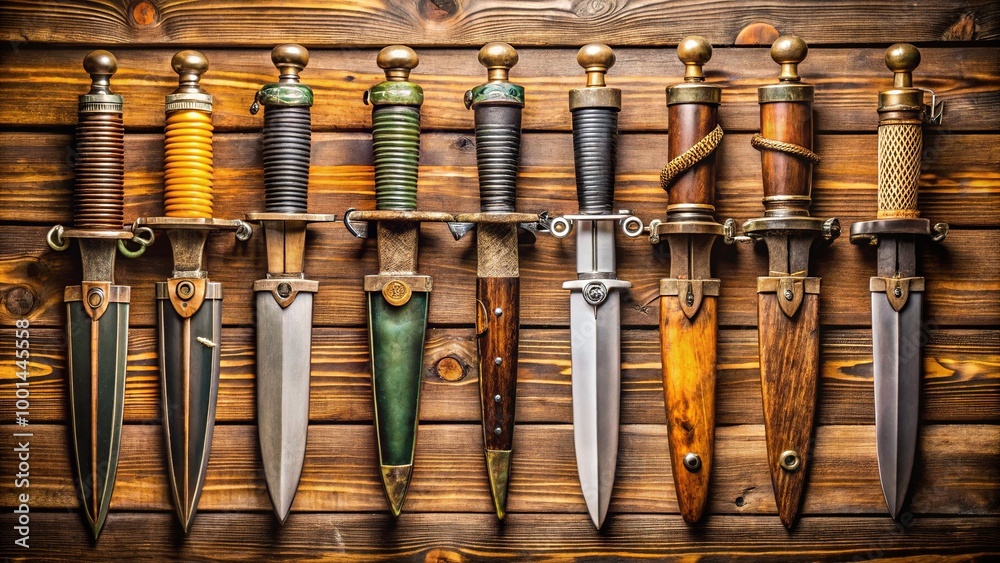 Fototapeta premium Historical Collection of World War 2 German Daggers Displayed on Vintage Wooden Background