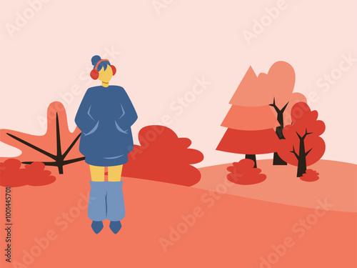 Girl enjoying autumn in the park alone waiting for someone. Girl illustration for website and banner