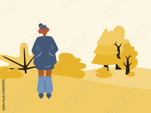 Black girl using cute and stylish outfit standing in the park waiting someone at autumn season. Wallpaper vector illustration for business.