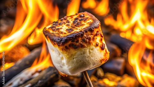 Close-up Texture of Perfectly Roasted Marshmallow with Golden Brown and Crispy Charred Surface Details