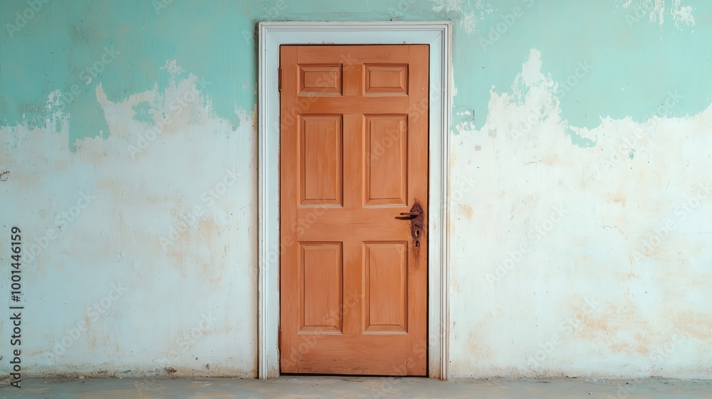 Fototapeta premium Old, locked door in a decaying house, with faded paint and rusted hinges, hiding forgotten secrets locked door, mystery and decay