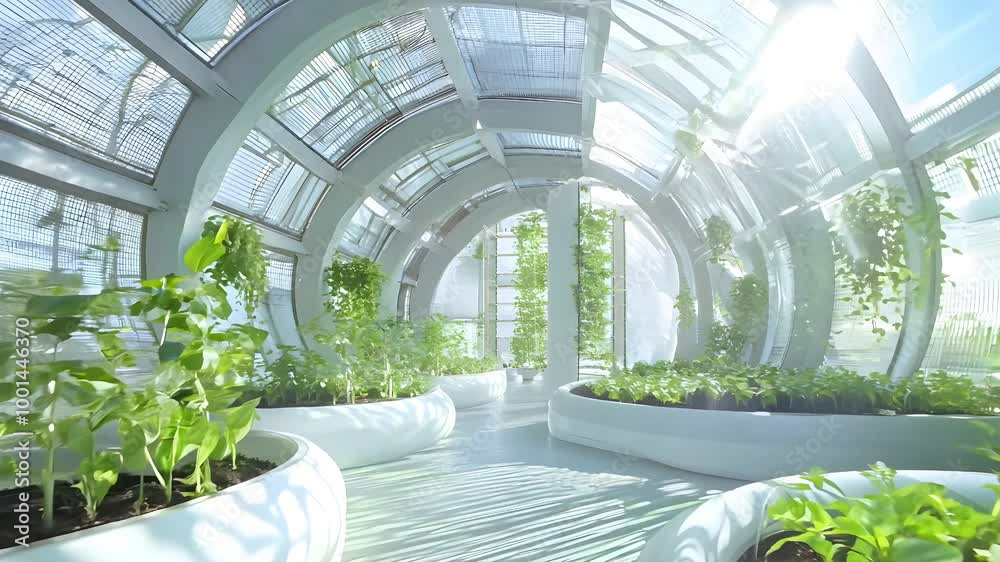 A modern indoor garden showcases lush green plants in curved white ...
