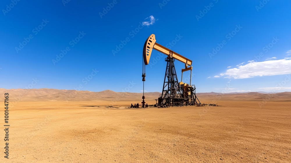 Oil drilling rig onshore, surrounded by vast desert landscape, machinery gleaming under bright blue skies, perfectly balanced composition with rugged beauty of nature Oil drilling rig onshore, surrounded by vast desert landscape, machinery gleaming under bright blue skies, perfectly balanced composition with rugged beauty of nature