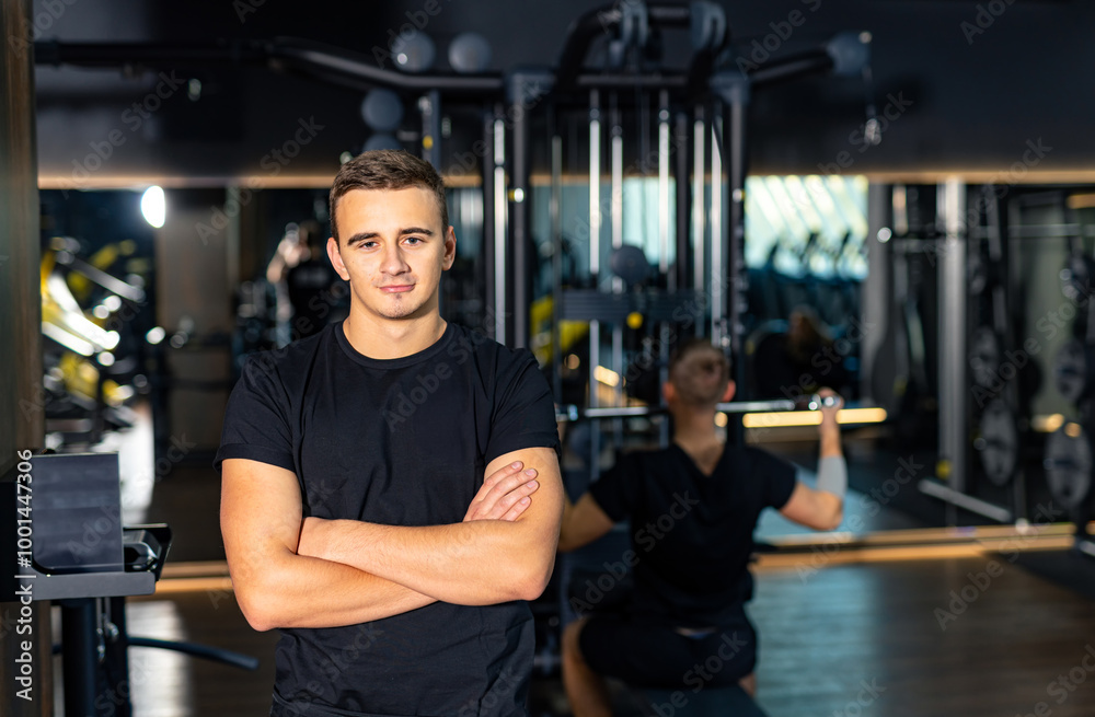 A confident man poses in a modern gym setting. A young man stands confidently in a sleek gym, showcasing a fitness lifestyle and dedication to health and wellness. A confident man poses in a modern gym setting. A young man stands confidently in a sleek gym, showcasing a fitness lifestyle and dedication to health and wellness.