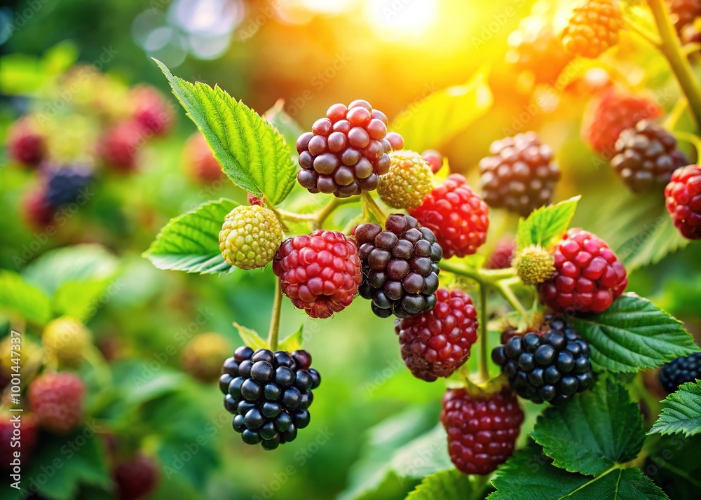 Lush Blackberries Blooming in a Vibrant Green Garden Under Bright Sunlight of Early Summer Season Lush Blackberries Blooming in a Vibrant Green Garden Under Bright Sunlight of Early Summer Season