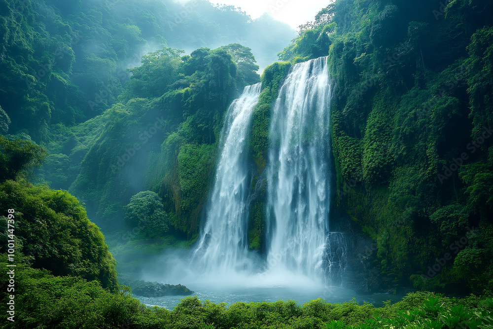 image of a breathtaking waterfall cascading down a sheer cliff, surrounded by lush vegetation

