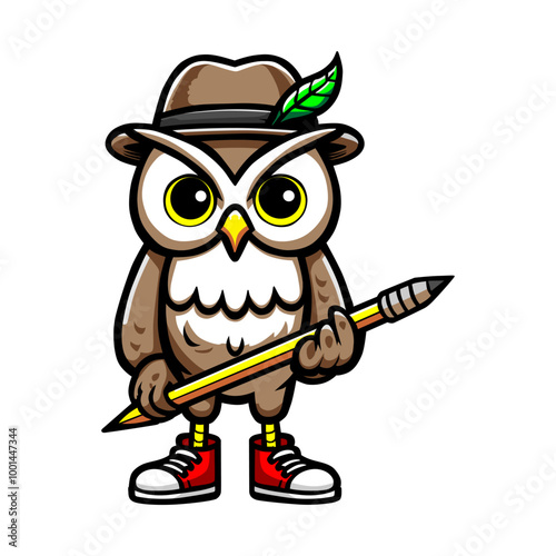 an owl with a hat and a pencil with a hat on it