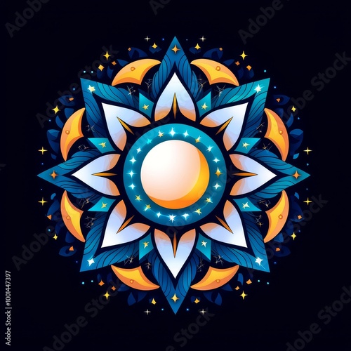 Colorful decorative mandala design with a bright central element on a dark background.