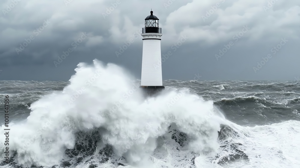 Powerful ocean waves crashing against a lighthouse during a storm, showing the unstoppable force of water, stormy seas, lighthouse resilience Powerful ocean waves crashing against a lighthouse during a storm, showing the unstoppable force of water, stormy seas, lighthouse resilience