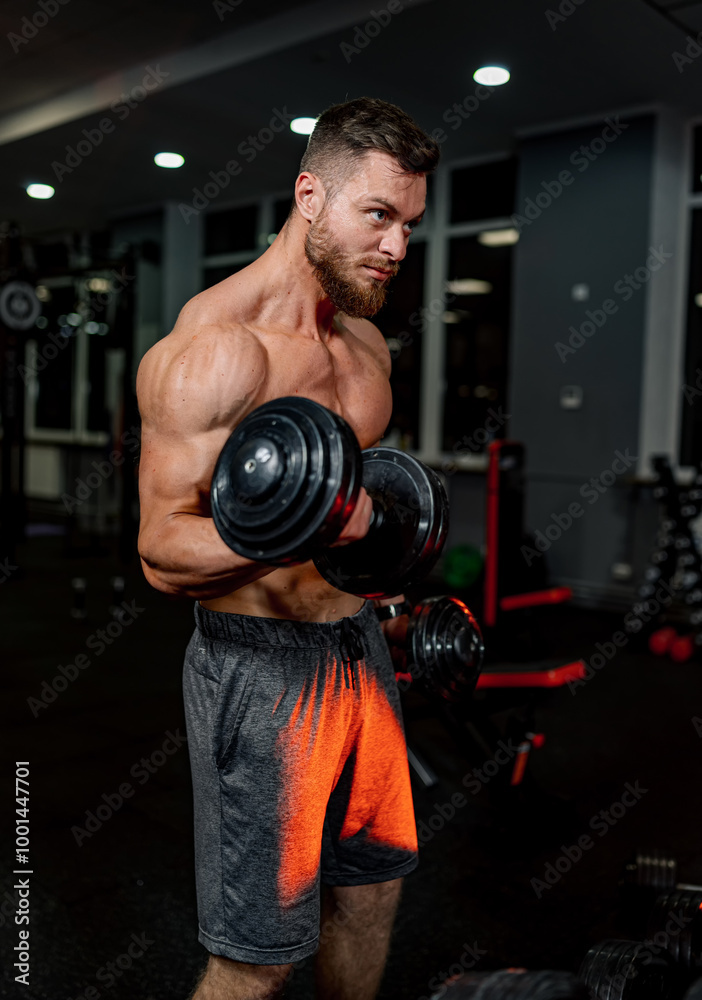 Man performing strength training in a modern gym. A muscular man lifts dumbbells while exercising in a well-equipped gym during a late afternoon workout session. Man performing strength training in a modern gym. A muscular man lifts dumbbells while exercising in a well-equipped gym during a late afternoon workout session.