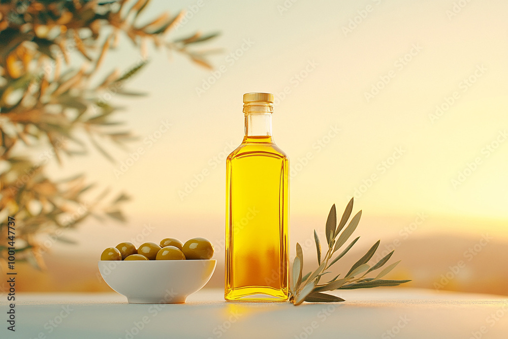 Bottle of golden olive oil standing on a table with a bowl of olives surrounded by olive branches blurred sunset background
Bottle of golden olive oil standing on a table with a bowl of olives surrounded by olive branches blurred sunset background