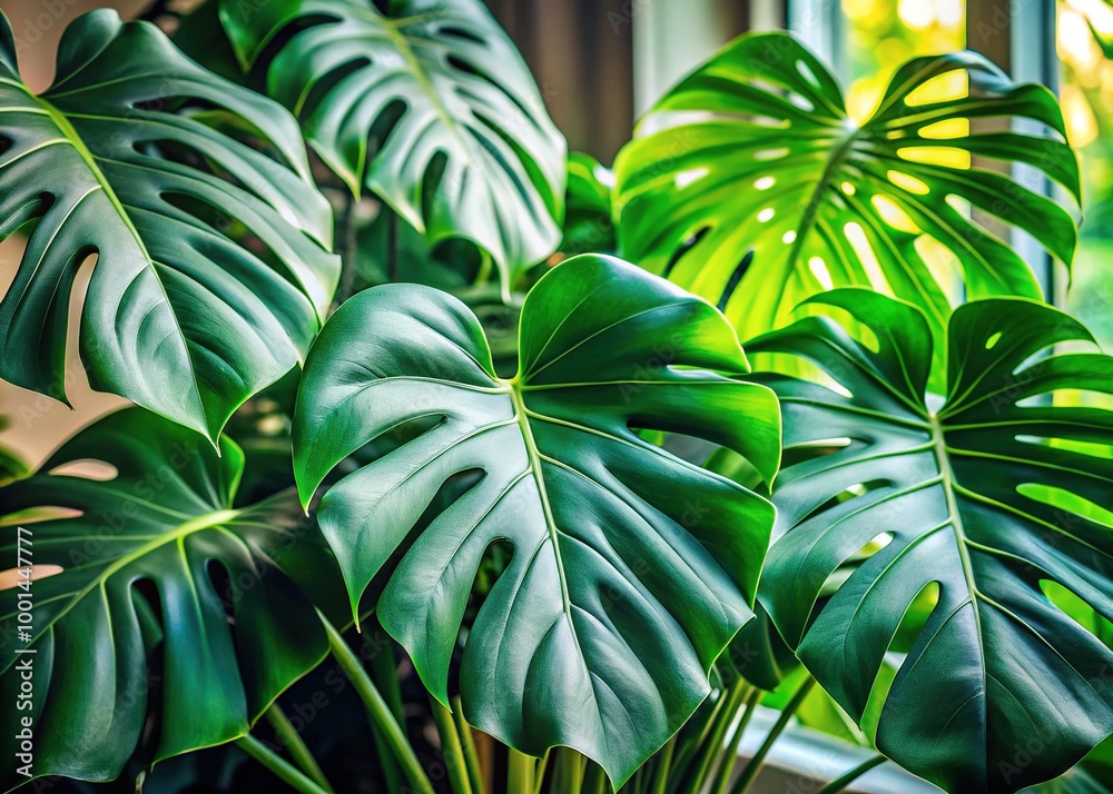Lush Green Monstera Leaves in Natural Light Creating a Tropical and Exotic Atmosphere Indoors Lush Green Monstera Leaves in Natural Light Creating a Tropical and Exotic Atmosphere Indoors
