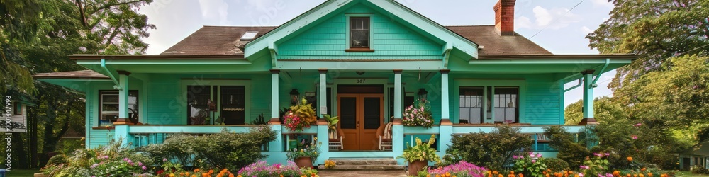 Charming Craftsman house painted in bright turquoise, featuring a classic porch and vibrant flower beds.