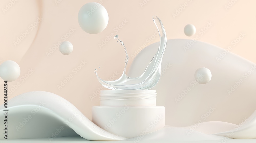 An artistic 3D design of body cream pouring elegantly from a sculpted jar, surrounded by floating abstract shapes An artistic 3D design of body cream pouring elegantly from a sculpted jar, surrounded by floating abstract shapes