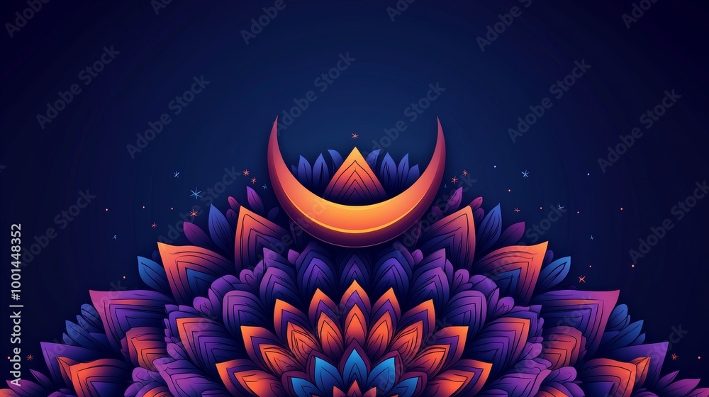 Colorful mandala with crescent moon on dark blue background. Colorful mandala with crescent moon on dark blue background.