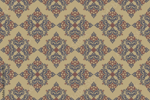  The image displays a repeating pattern of a symmetrical geometric design with a background that alternates between two shades of brown.