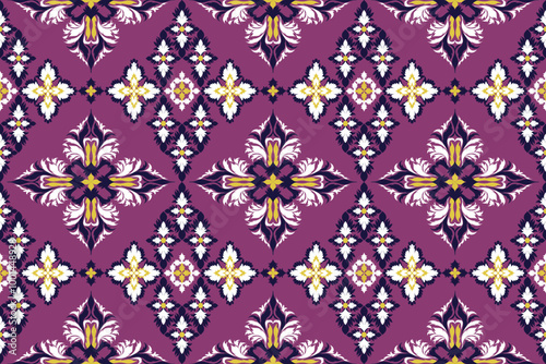 the image is a symmetrical pattern of intricate designs in shades of purple and yellow, featuring floral motifs and geometric shapes.