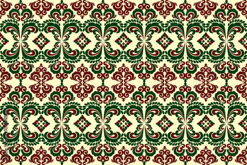  The image is a repeating pattern of ornate, flowing designs, predominantly in shades of green and red.