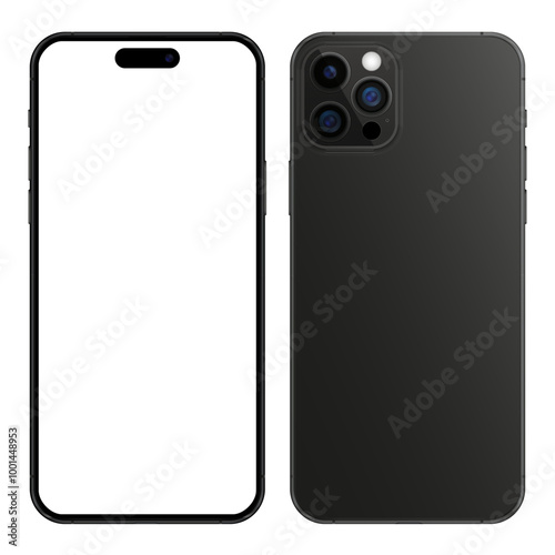 New Iphone 16 in black color mockup, phone mockup in front and back side, smartphone mockup with blank white screen