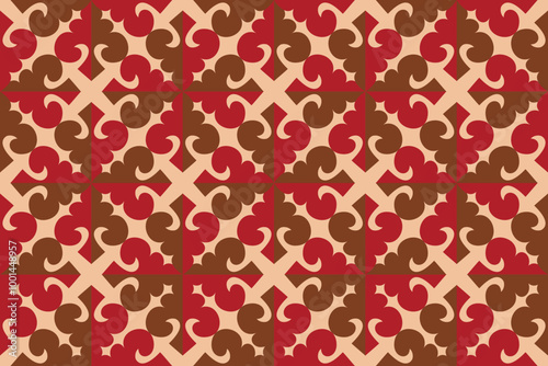 seamless pattern with hearts  features a diamond pattern with a repeating red and brown color scheme. The pattern creates a sense of symmetry and balance.