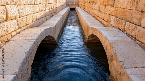 Water flowing through a maze of aqueducts in an ancient cityengineering marvel of controlling water s power, ancient aqueduct, human harnessing water photo