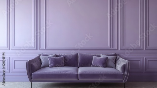 Mock up frame in a clean empty room with pale lavender walls and a comfortable grey velvet sofa