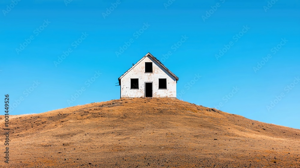 Wind whistling through the broken windows of a lonely house perched on a hill, surrounded by barren land desolate house, isolated decay Wind whistling through the broken windows of a lonely house perched on a hill, surrounded by barren land desolate house, isolated decay