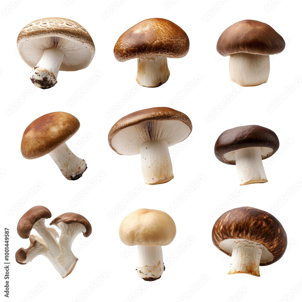 Variety of mushrooms in isolated white background showcasing diverse shapes and colors Isolated on white background or PNG Variety of mushrooms in isolated white background showcasing diverse shapes and colors Isolated on white background or PNG