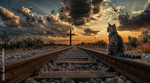 Solitary cat with contemplative mood sitting on railroad tracks against dramatic sunset
