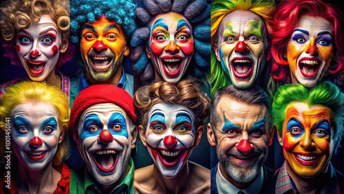 Colorful and Expressive Clown Faces for Fun and Entertainment Themes in Stock Photography Collection