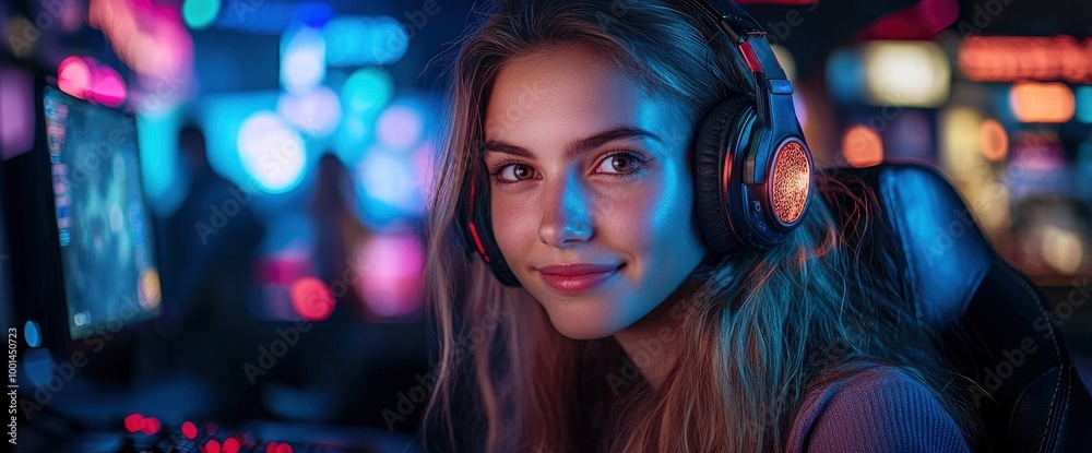 Young Woman Gamer with Headphones in a Colorful Room Young Woman Gamer with Headphones in a Colorful Room