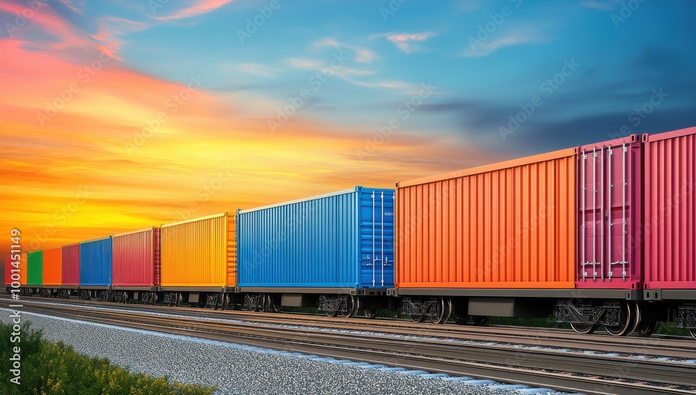 Cargo train at sunset with containers on railway, photorealistic landscape Cargo train at sunset with containers on railway, photorealistic landscape