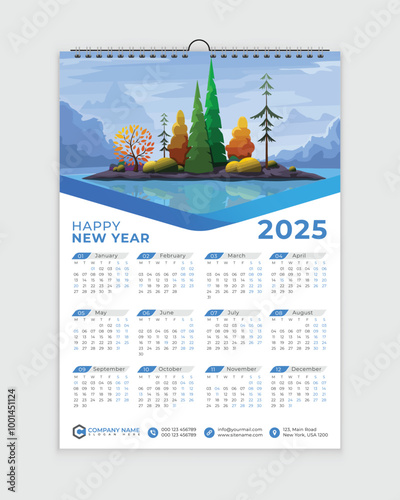 2025 one page corporate calendar template, minimal style 2025 single-page wall calendar for the new year
