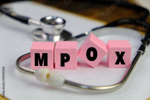 medical equipment and the words MPOX acronym for monkey pox virus. health and medical concept. 