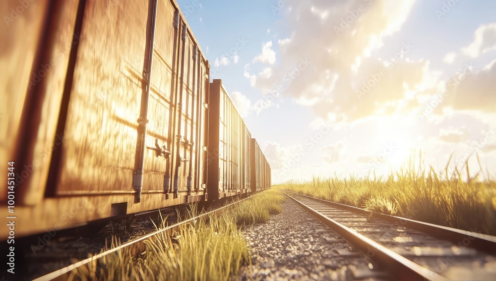 Cargo train at sunset with containers on railway, photorealistic landscape