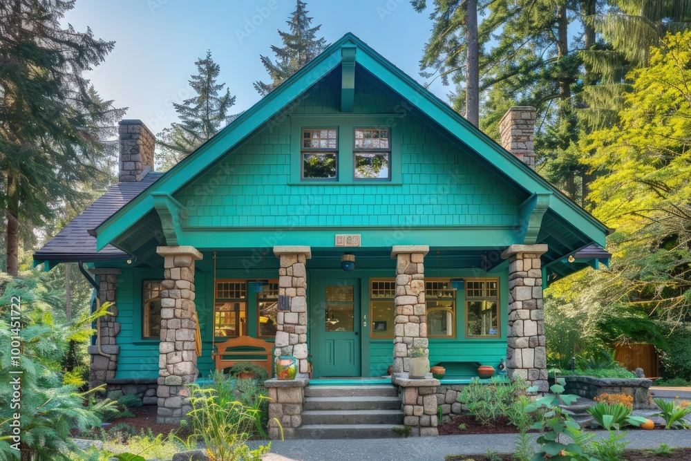 Charming Craftsman home in vibrant teal, with stone pillars and a cozy front porch, set in a suburban area with tall trees. Charming Craftsman home in vibrant teal, with stone pillars and a cozy front porch, set in a suburban area with tall trees.