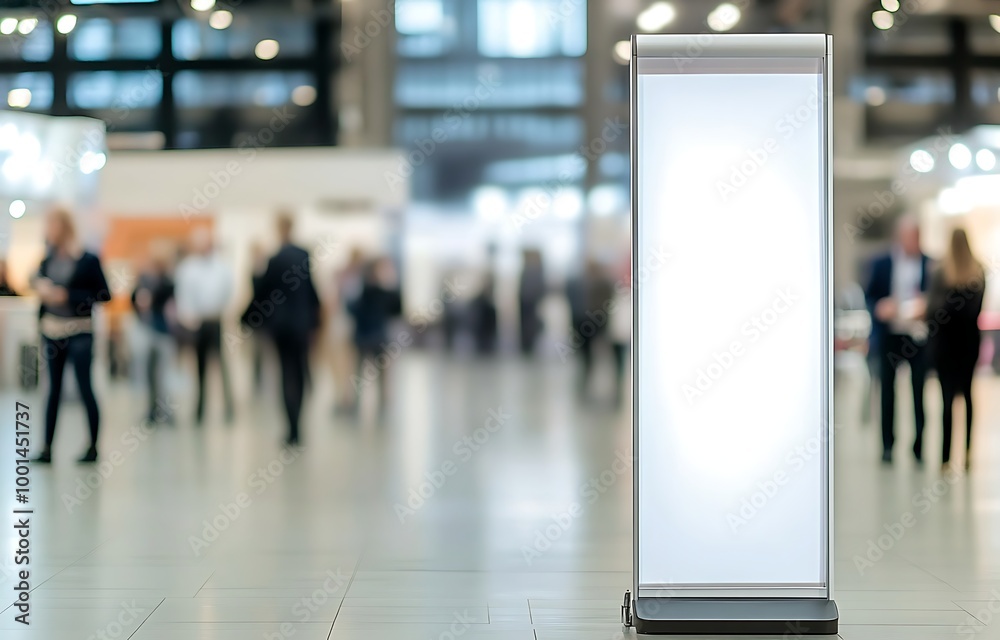 Blank roll-up banner stand in a busy exhibition hall, generative ai Blank roll-up banner stand in a busy exhibition hall, generative ai