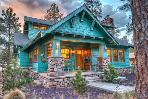 Charming Craftsman home in vibrant teal, with stone pillars and a cozy front porch, set in a suburban area with tall trees.