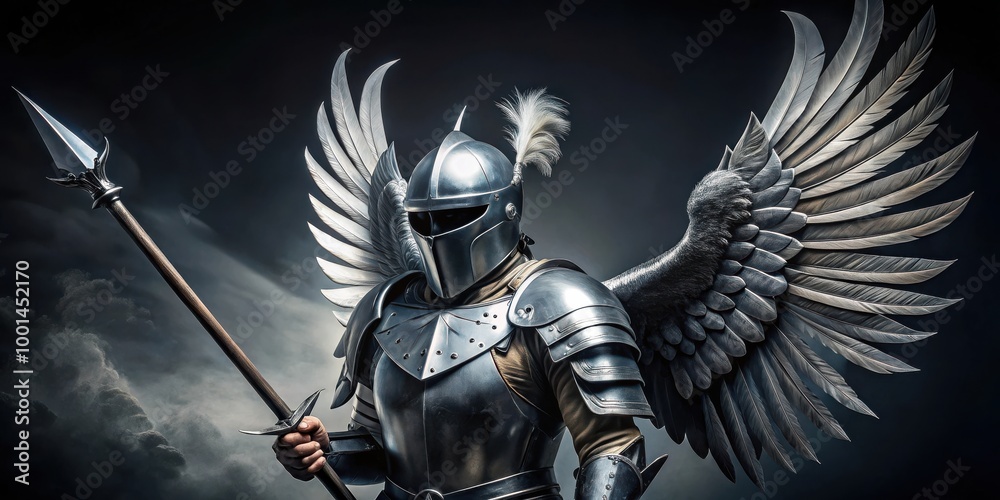 Naklejka premium Knight guard in full plate armor with wings helmet and halberd