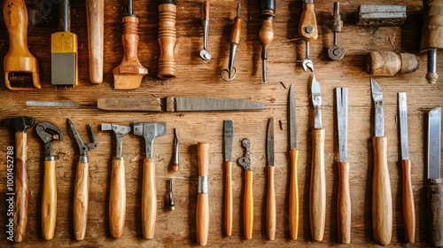 A collection of essential woodworking tools, such as chisels, saws, and clamps, neatly arranged.