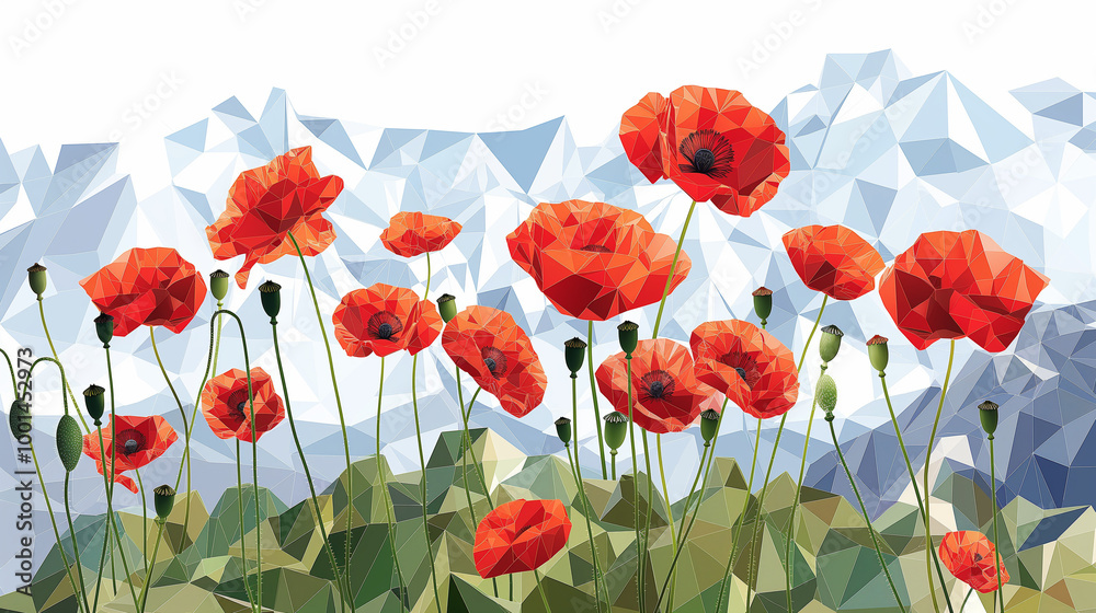 Obraz premium Illustration of red poppies in the foreground, low poly design with geometric shapes and mountains in the background