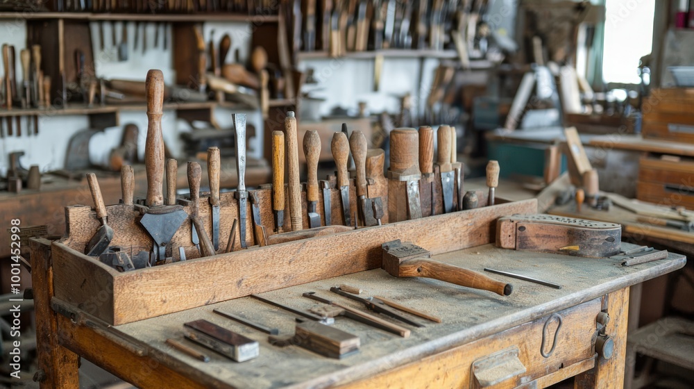 A set of specialized woodwork tools displayed on a workbench, ready for a project. A set of specialized woodwork tools displayed on a workbench, ready for a project.
