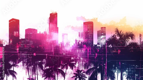Illustration of a cyberpunk cityscape in the glitchy digital art style. A digital painting in the synthwave and glitchcore styles featuring vector graphics, glitch effects, cybernetic neon lights