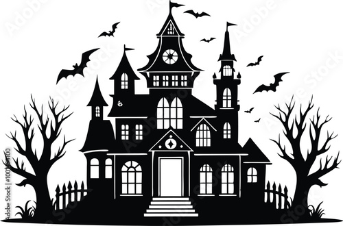 Halloween Haunted house silhouette, scene of ghost mansion. Vector illustration Vector illustration on white background.