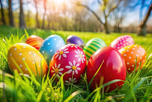 Colorful Big Easter Eggs Lying on Green Grass for Spring Celebrations and Festive Decor Ideas