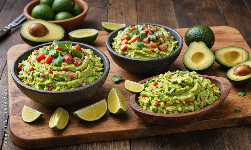 A wooden board holds bowls of guacamole, sliced avocados, and lime wedges A wooden board holds bowls of guacamole, sliced avocados, and lime wedges