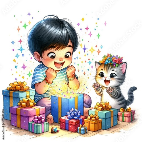 Excited boy unwrapping presents with a playful kitten by his side, illustrating the joy of holiday celebrations.