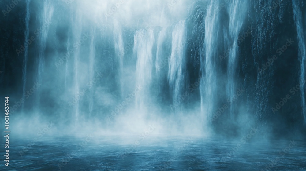 A large waterfall cascades over a cliff, creating a misty, ethereal scene with a still pool of water at the base. A large waterfall cascades over a cliff, creating a misty, ethereal scene with a still pool of water at the base.