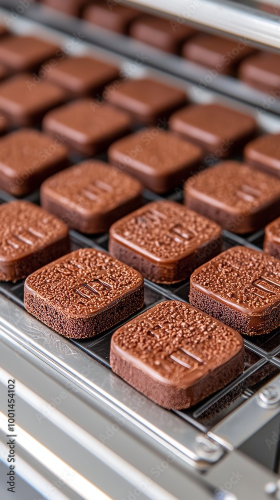 Chocolate Production Line with Closeup of Squares on Conveyor Belt Chocolate Production Line with Closeup of Squares on Conveyor Belt