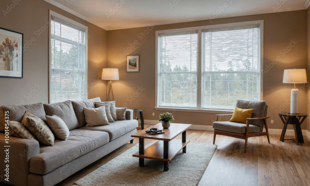 Fototapeta premium A living room with a large couch, a chair, and a coffee table in the center